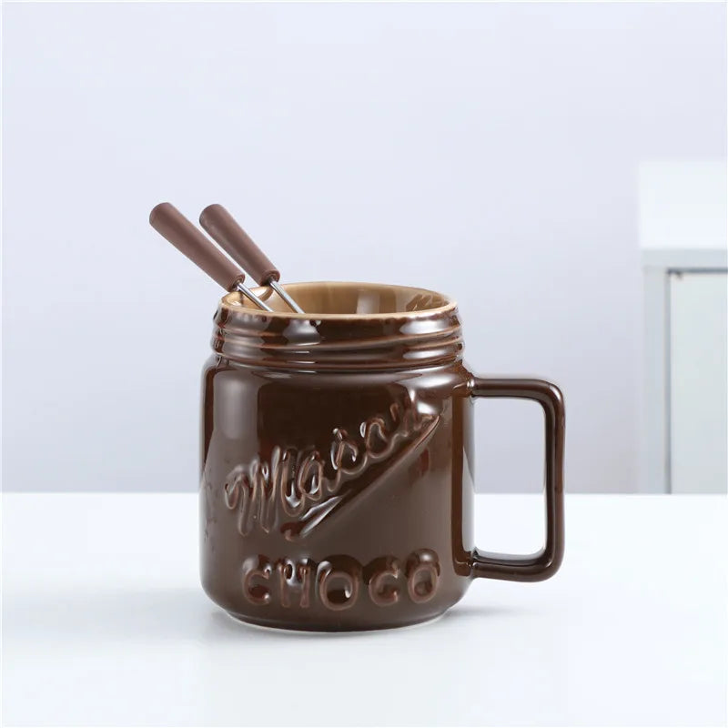 200ML Ceramic Chocolate Melting Cup with Fork Ice Cream Fruit Hotpot Melting Furnace Cheese Jam Heating Cup Creative Ceramic Mug