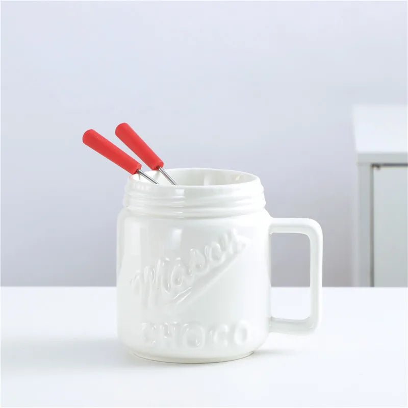 200ML Ceramic Chocolate Melting Cup with Fork Ice Cream Fruit Hotpot Melting Furnace Cheese Jam Heating Cup Creative Ceramic Mug