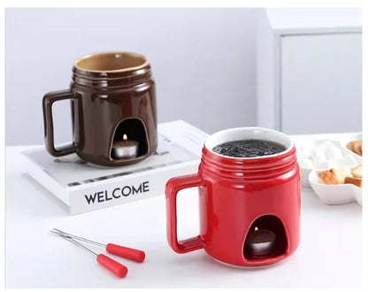 200ML Ceramic Chocolate Melting Cup with Fork Ice Cream Fruit Hotpot Melting Furnace Cheese Jam Heating Cup Creative Ceramic Mug