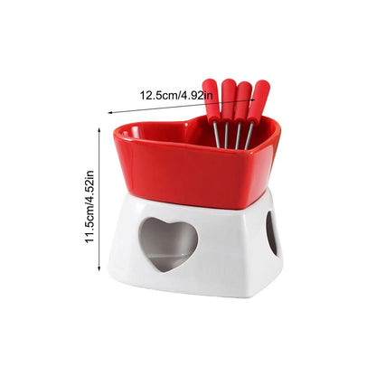 Chocolate Fondue Cup Heat-Resistant Non-Stick Warmer Ceramic Fondue Mug Set with 4 Forks for Cheese Marshmallow Dipping Dessert