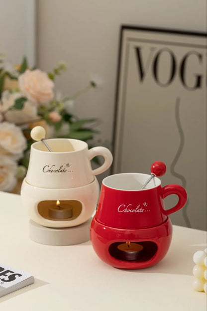 280ml European Candle Cup Cheese Chocolate Melting Ceramic Mug Heating Food Ceramic Mug with Fork Creative Coffee Mug Tableware