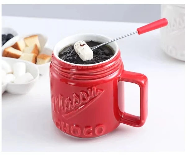 200ML Ceramic Chocolate Melting Cup with Fork Ice Cream Fruit Hotpot Melting Furnace Cheese Jam Heating Cup Creative Ceramic Mug