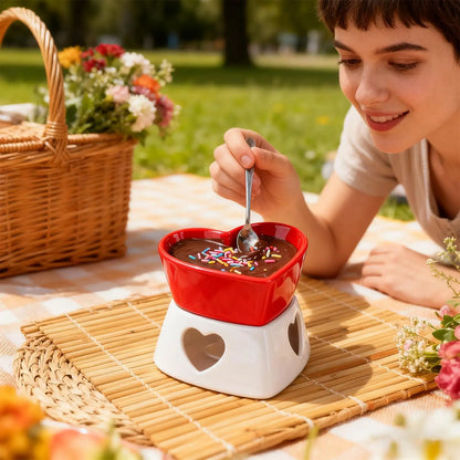 Chocolate Fondue Cup Heat-Resistant Non-Stick Warmer Ceramic Fondue Mug Set with 4 Forks for Cheese Marshmallow Dipping Dessert