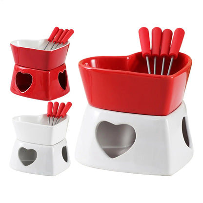 Chocolate Fondue Cup Heat-Resistant Non-Stick Warmer Ceramic Fondue Mug Set with 4 Forks for Cheese Marshmallow Dipping Dessert