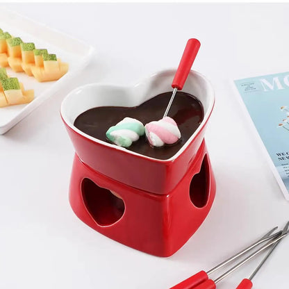 Chocolate Fondue Cup Heat-Resistant Non-Stick Warmer Ceramic Fondue Mug Set with 4 Forks for Cheese Marshmallow Dipping Dessert