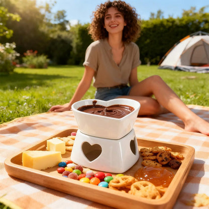 Chocolate Fondue Cup Heat-Resistant Non-Stick Warmer Ceramic Fondue Mug Set with 4 Forks for Cheese Marshmallow Dipping Dessert