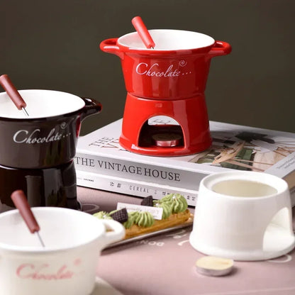 Hot Ceramic Chocolate Chafing Dish Cup with Fork Candle Pot Melting Chocolate Mug Tableware Creative Household Drinking Utensils