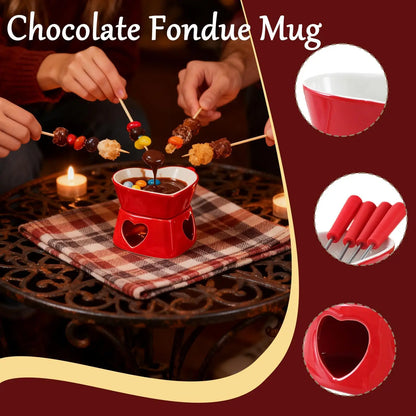 Chocolate Fondue Cup Heat-Resistant Non-Stick Warmer Ceramic Fondue Mug Set with 4 Forks for Cheese Marshmallow Dipping Dessert