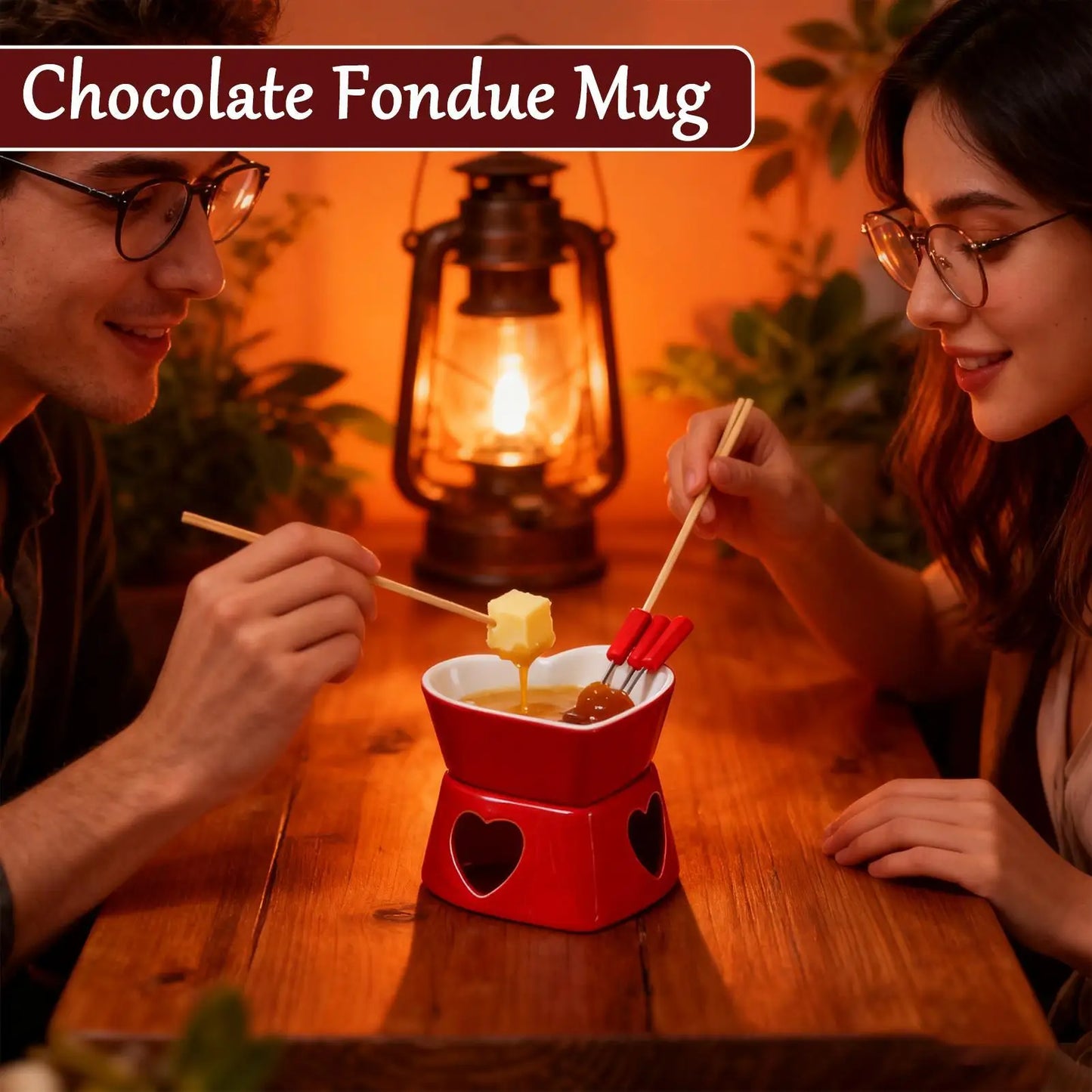 Chocolate Fondue Cup Heat-Resistant Non-Stick Warmer Ceramic Fondue Mug Set with 4 Forks for Cheese Marshmallow Dipping Dessert