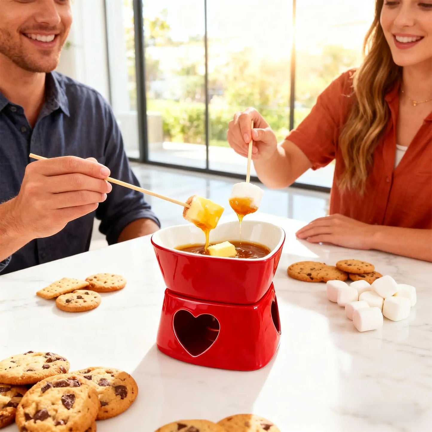 Chocolate Fondue Cup Heat-Resistant Non-Stick Warmer Ceramic Fondue Mug Set with 4 Forks for Cheese Marshmallow Dipping Dessert