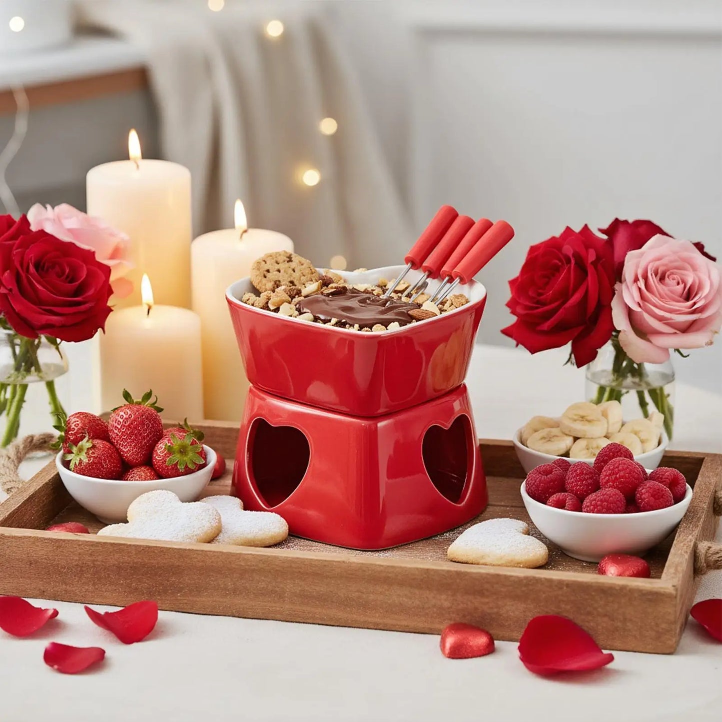 Chocolate Fondue Cup Heat-Resistant Non-Stick Warmer Ceramic Fondue Mug Set with 4 Forks for Cheese Marshmallow Dipping Dessert