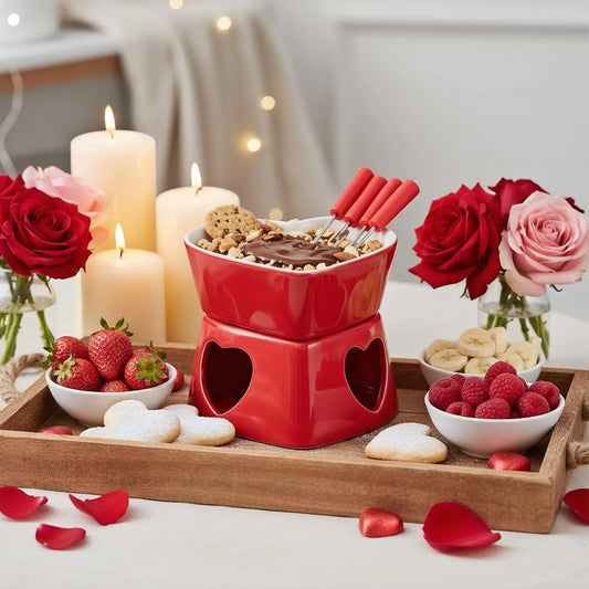 Chocolate Fondue Cup Heat-Resistant Non-Stick Warmer Ceramic Fondue Mug Set with 4 Forks for Cheese Marshmallow Dipping Dessert