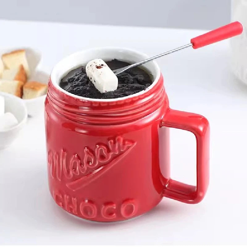 200ML Ceramic Chocolate Melting Cup with Fork Ice Cream Fruit Hotpot Melting Furnace Cheese Jam Heating Cup Creative Ceramic Mug