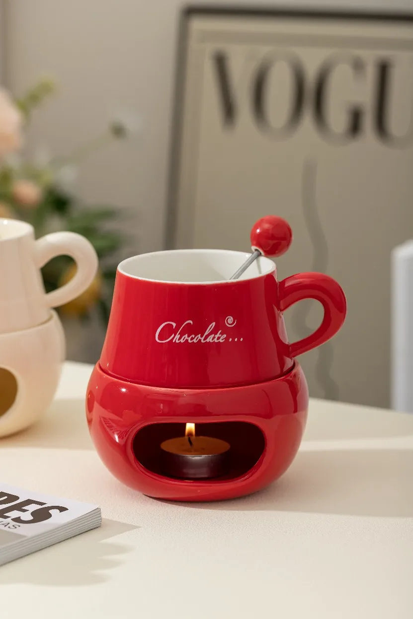 280ml European Candle Cup Cheese Chocolate Melting Ceramic Mug Heating Food Ceramic Mug with Fork Creative Coffee Mug Tableware