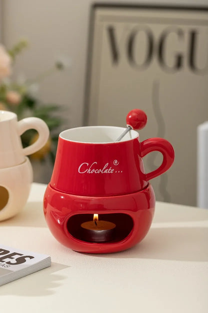 280ml European Candle Cup Cheese Chocolate Melting Ceramic Mug Heating Food Ceramic Mug with Fork Creative Coffee Mug Tableware