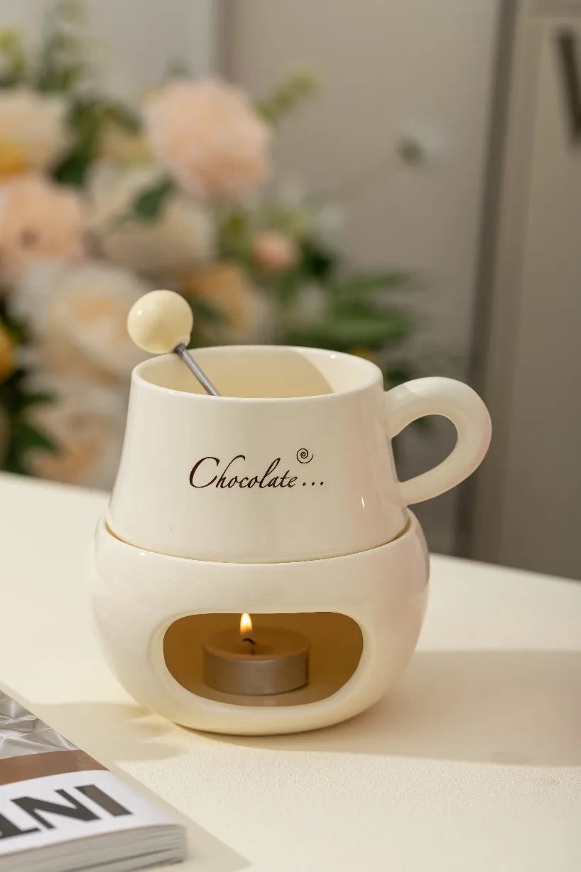 280ml European Candle Cup Cheese Chocolate Melting Ceramic Mug Heating Food Ceramic Mug with Fork Creative Coffee Mug Tableware