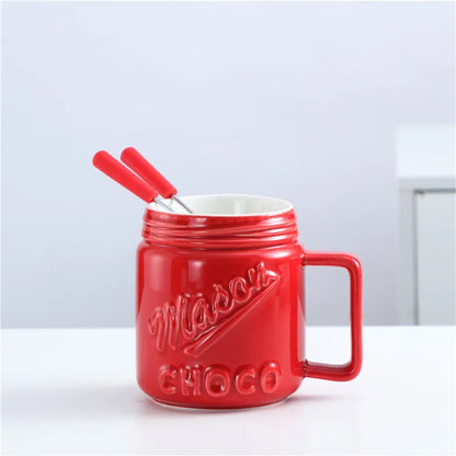 200ML Ceramic Chocolate Melting Cup with Fork Ice Cream Fruit Hotpot Melting Furnace Cheese Jam Heating Cup Creative Ceramic Mug