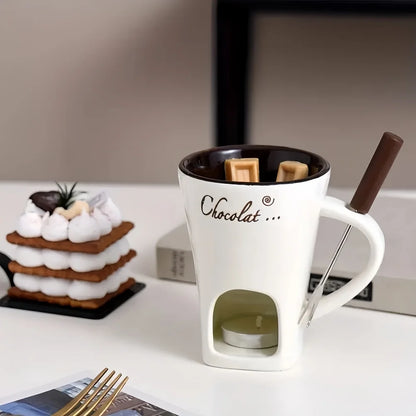 Ceramic Chocolate Fondue Pot Warmer Reusable Heat Safe Dipping Set Ice Cream Cheese Melter Valentine Gift Includes Fork