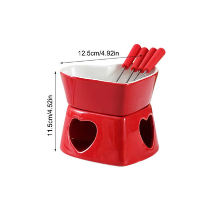Chocolate Fondue Cup Heat-Resistant Non-Stick Warmer Ceramic Fondue Mug Set with 4 Forks for Cheese Marshmallow Dipping Dessert