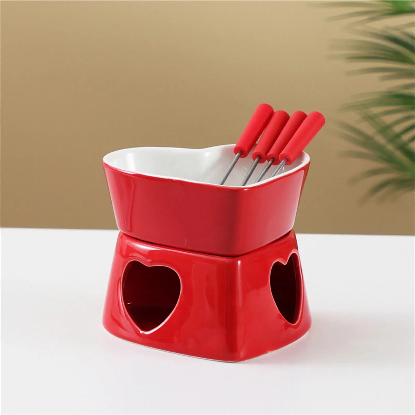 Chocolate Fondue Cup Heat-Resistant Non-Stick Warmer Ceramic Fondue Mug Set with 4 Forks for Cheese Marshmallow Dipping Dessert