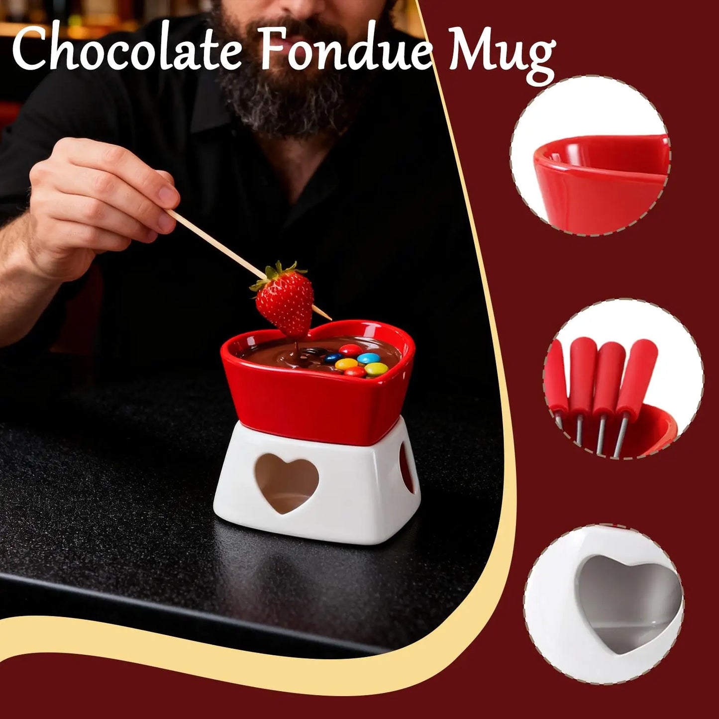 Chocolate Fondue Cup Heat-Resistant Non-Stick Warmer Ceramic Fondue Mug Set with 4 Forks for Cheese Marshmallow Dipping Dessert
