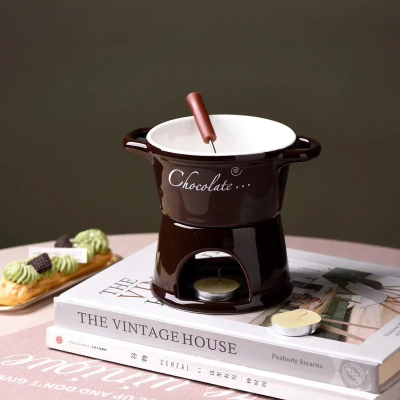 Hot Ceramic Chocolate Chafing Dish Cup with Fork Candle Pot Melting Chocolate Mug Tableware Creative Household Drinking Utensils