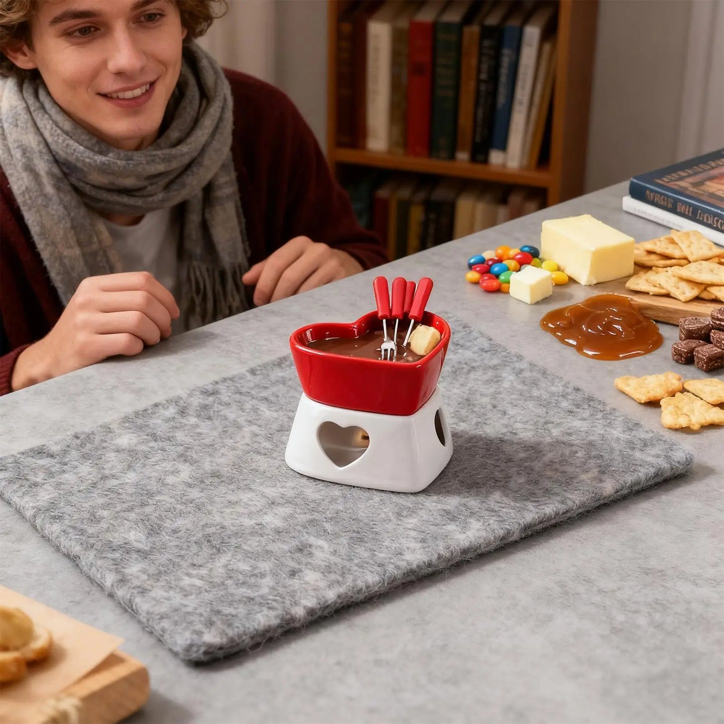 Chocolate Fondue Cup Heat-Resistant Non-Stick Warmer Ceramic Fondue Mug Set with 4 Forks for Cheese Marshmallow Dipping Dessert