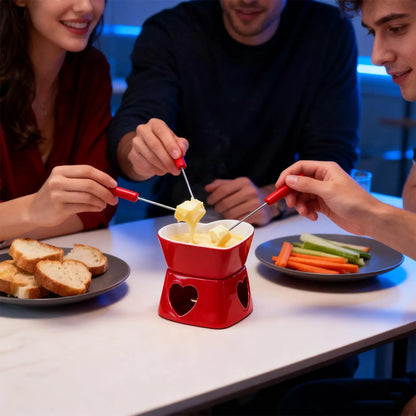 Chocolate Fondue Cup Heat-Resistant Non-Stick Warmer Ceramic Fondue Mug Set with 4 Forks for Cheese Marshmallow Dipping Dessert