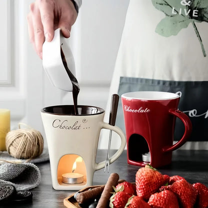 Ceramic Chocolate Fondue Pot Warmer Reusable Heat Safe Dipping Set Ice Cream Cheese Melter Valentine Gift Includes Fork