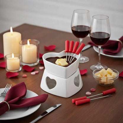 Chocolate Fondue Cup Heat-Resistant Non-Stick Warmer Ceramic Fondue Mug Set with 4 Forks for Cheese Marshmallow Dipping Dessert