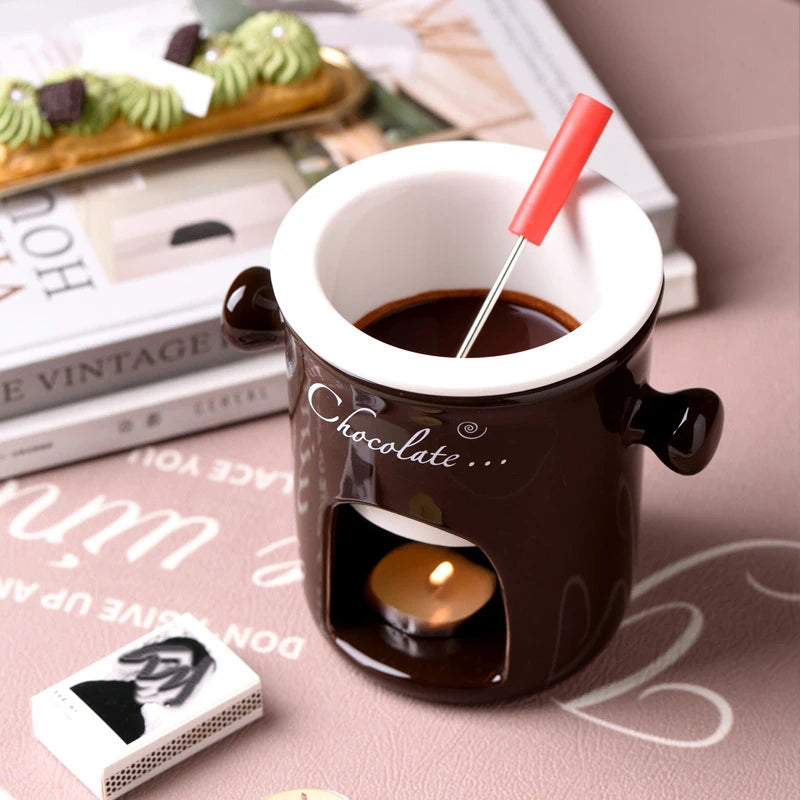 Chocolate Chafing Dish Cup Heating Food Cheese Ceramic Cup with Fork Creative Christmas Party Home Ceramic Drinking Utensils