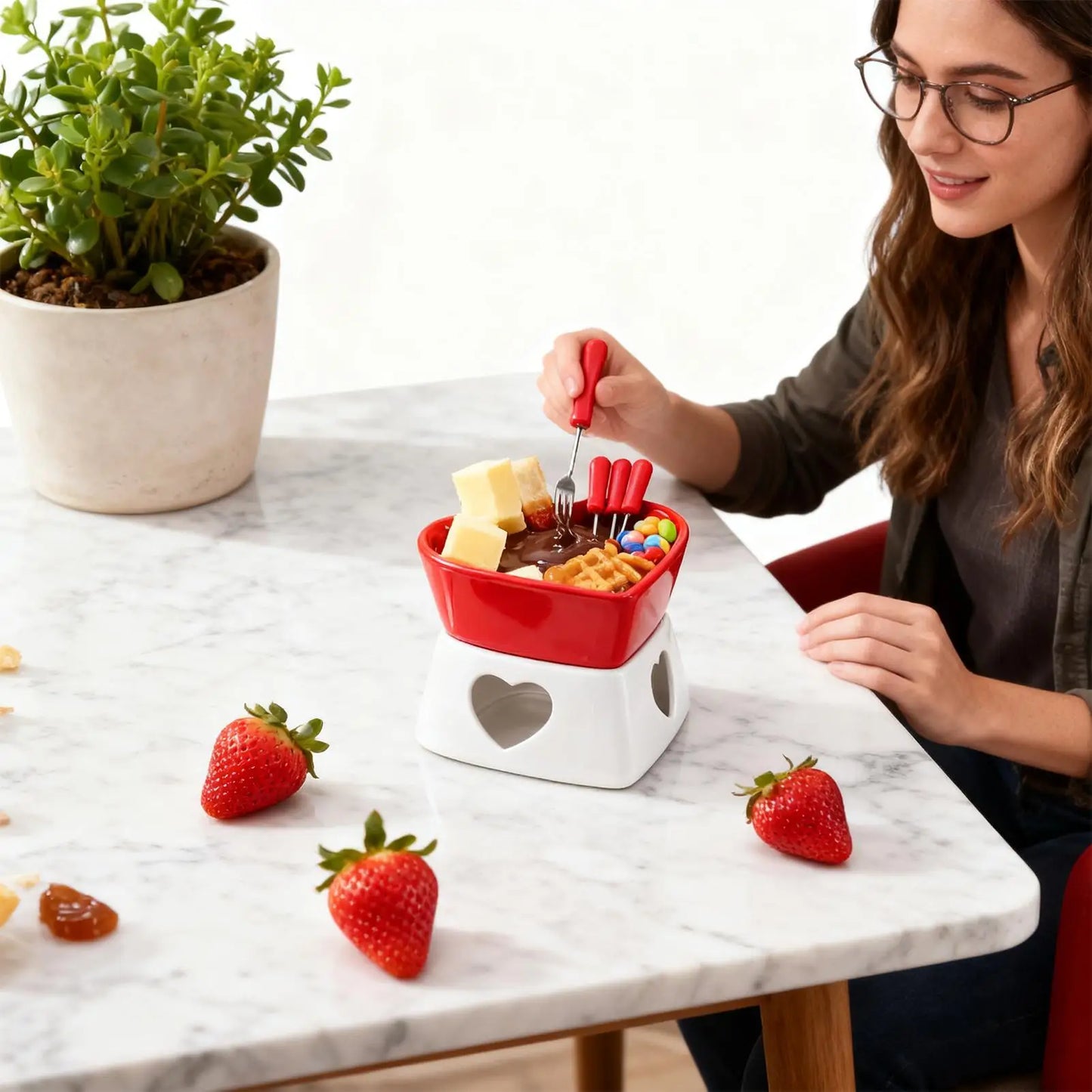 Chocolate Fondue Cup Heat-Resistant Non-Stick Warmer Ceramic Fondue Mug Set with 4 Forks for Cheese Marshmallow Dipping Dessert