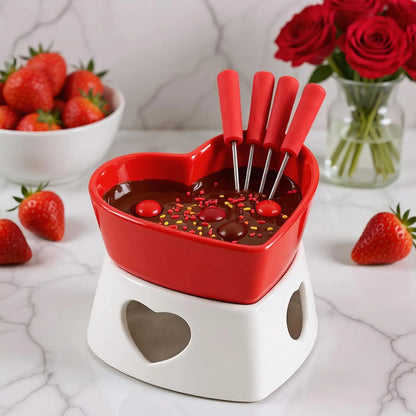 Chocolate Fondue Cup Heat-Resistant Non-Stick Warmer Ceramic Fondue Mug Set with 4 Forks for Cheese Marshmallow Dipping Dessert
