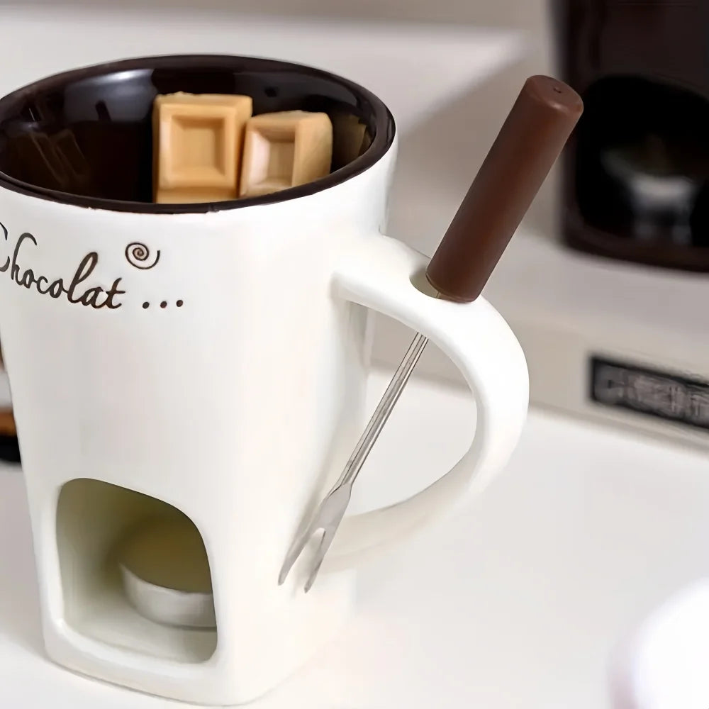 Ceramic Chocolate Fondue Pot Warmer Reusable Heat Safe Dipping Set Ice Cream Cheese Melter Valentine Gift Includes Fork