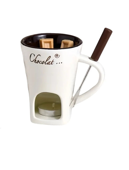 Ceramic Chocolate Fondue Pot Warmer Reusable Heat Safe Dipping Set Ice Cream Cheese Melter Valentine Gift Includes Fork