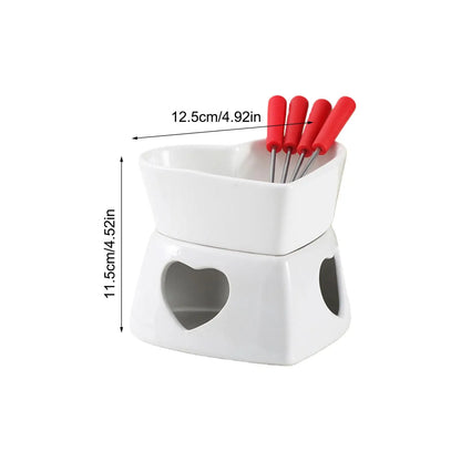 Chocolate Fondue Cup Heat-Resistant Non-Stick Warmer Ceramic Fondue Mug Set with 4 Forks for Cheese Marshmallow Dipping Dessert