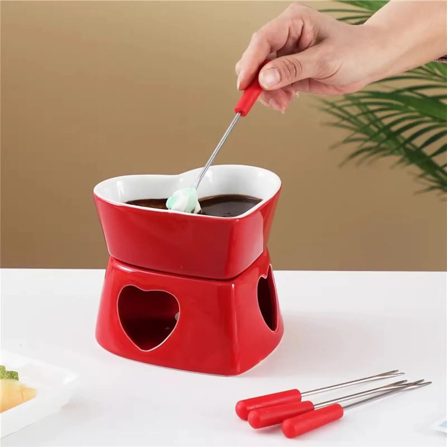 Chocolate Fondue Cup Heat-Resistant Non-Stick Warmer Ceramic Fondue Mug Set with 4 Forks for Cheese Marshmallow Dipping Dessert