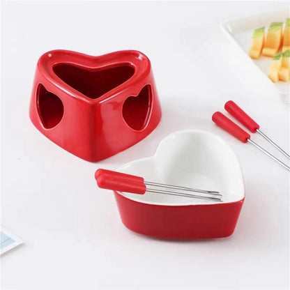Chocolate Fondue Cup Heat-Resistant Non-Stick Warmer Ceramic Fondue Mug Set with 4 Forks for Cheese Marshmallow Dipping Dessert