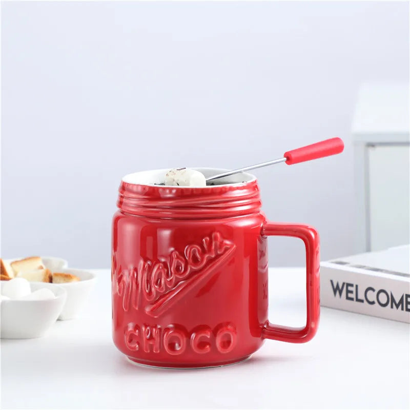 200ML Ceramic Chocolate Melting Cup with Fork Ice Cream Fruit Hotpot Melting Furnace Cheese Jam Heating Cup Creative Ceramic Mug