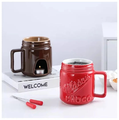 200ML Ceramic Chocolate Melting Cup with Fork Ice Cream Fruit Hotpot Melting Furnace Cheese Jam Heating Cup Creative Ceramic Mug