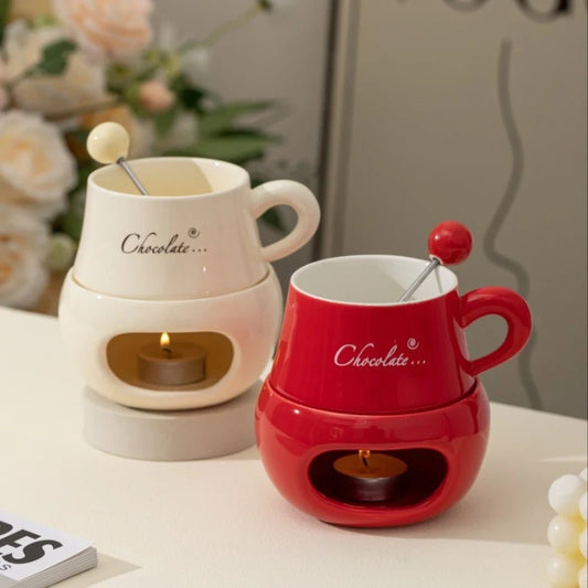 280ml European Candle Cup Cheese Chocolate Melting Ceramic Mug Heating Food Ceramic Mug with Fork Creative Coffee Mug Tableware