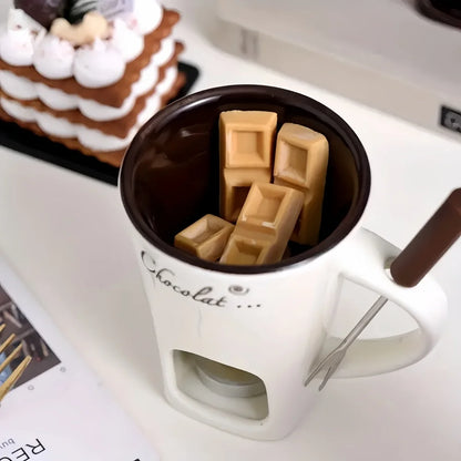 Ceramic Chocolate Fondue Pot Warmer Reusable Heat Safe Dipping Set Ice Cream Cheese Melter Valentine Gift Includes Fork