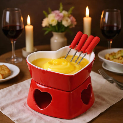 Chocolate Fondue Cup Heat-Resistant Non-Stick Warmer Ceramic Fondue Mug Set with 4 Forks for Cheese Marshmallow Dipping Dessert