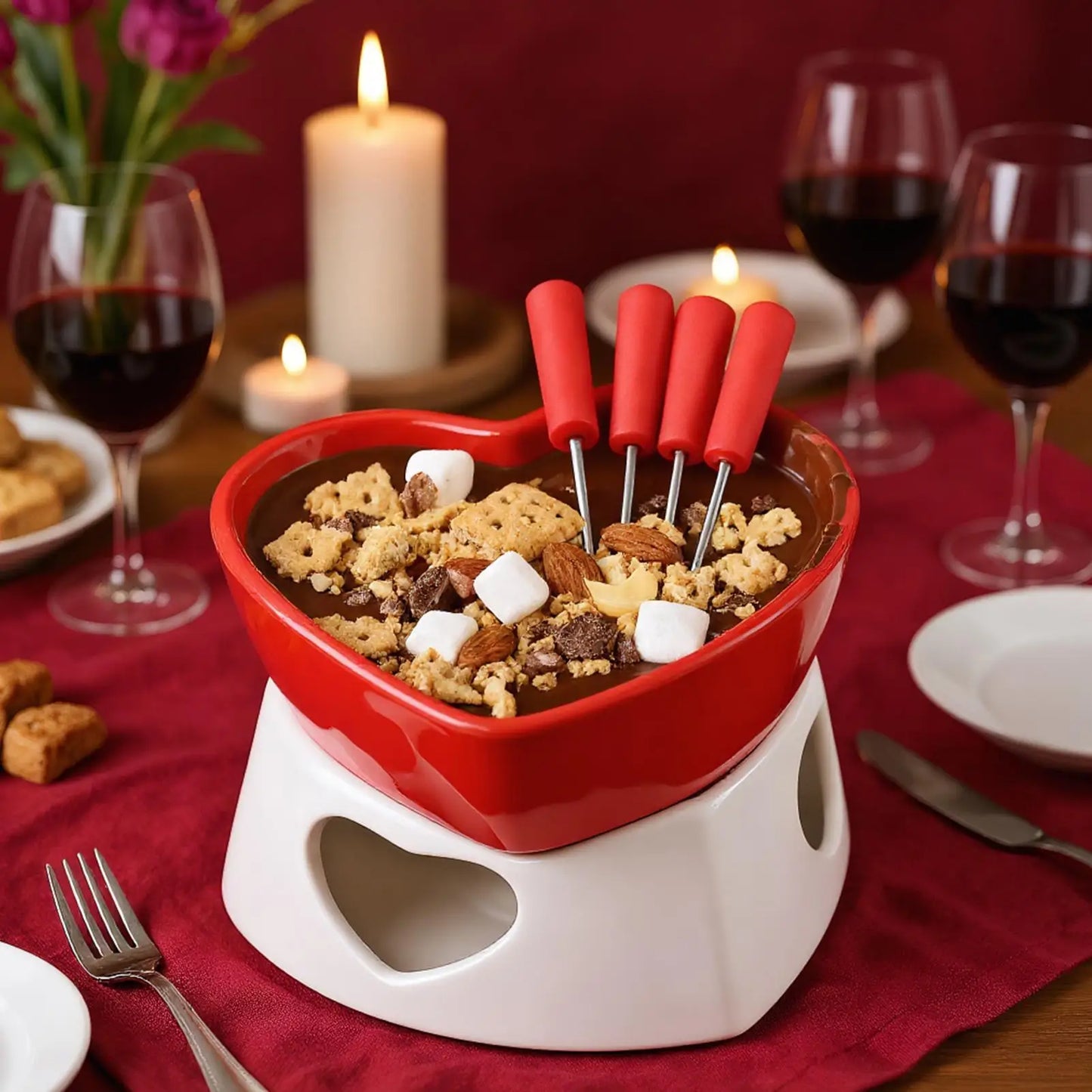 Chocolate Fondue Cup Heat-Resistant Non-Stick Warmer Ceramic Fondue Mug Set with 4 Forks for Cheese Marshmallow Dipping Dessert