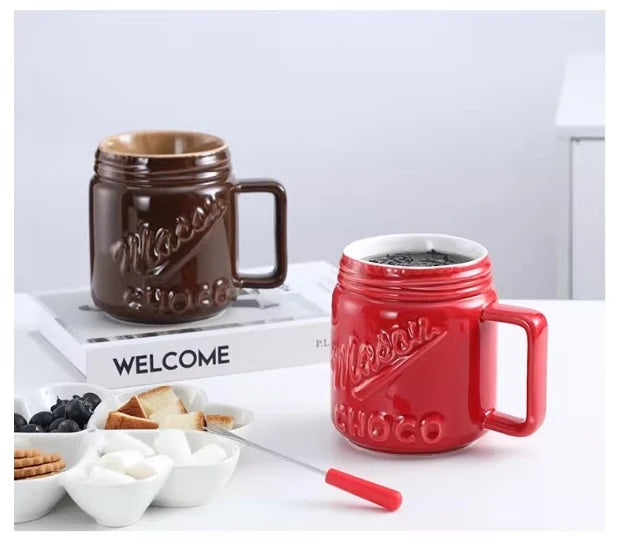 200ML Ceramic Chocolate Melting Cup with Fork Ice Cream Fruit Hotpot Melting Furnace Cheese Jam Heating Cup Creative Ceramic Mug