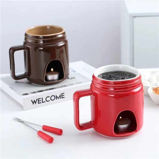 200ML Ceramic Chocolate Melting Cup with Fork Ice Cream Fruit Hotpot Melting Furnace Cheese Jam Heating Cup Creative Ceramic Mug