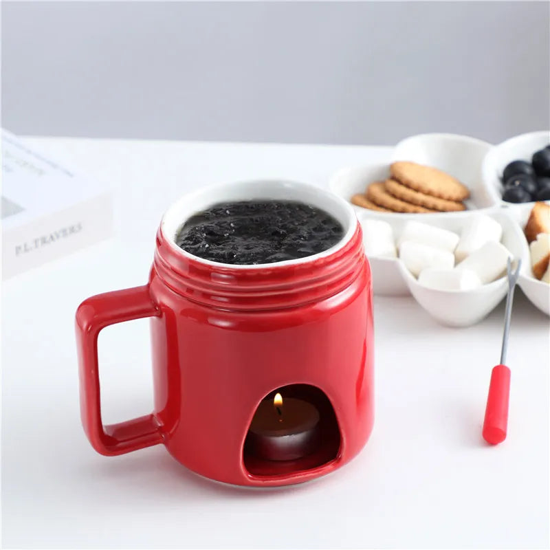 200ML Ceramic Chocolate Melting Cup with Fork Ice Cream Fruit Hotpot Melting Furnace Cheese Jam Heating Cup Creative Ceramic Mug