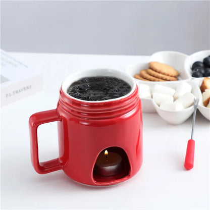 200ML Ceramic Chocolate Melting Cup with Fork Ice Cream Fruit Hotpot Melting Furnace Cheese Jam Heating Cup Creative Ceramic Mug