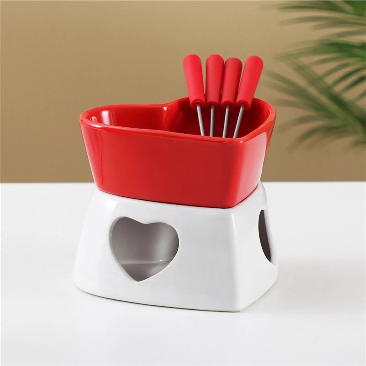 Chocolate Fondue Cup Heat-Resistant Non-Stick Warmer Ceramic Fondue Mug Set with 4 Forks for Cheese Marshmallow Dipping Dessert