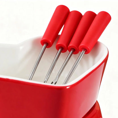 Chocolate Fondue Cup Heat-Resistant Non-Stick Warmer Ceramic Fondue Mug Set with 4 Forks for Cheese Marshmallow Dipping Dessert